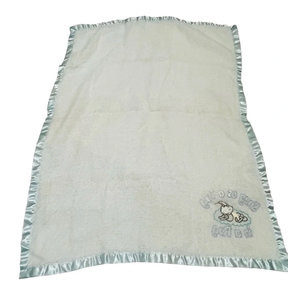 VTG Baby Blanket Blue Satin Trim SNUG AS A BUG IN A RUG 100% Acrylic Embroidered